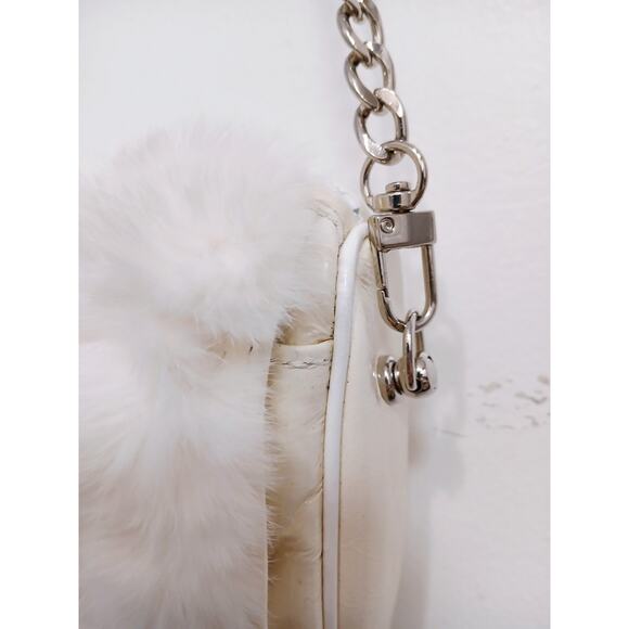 Longchamp Shoulder Crossbody Bag Ivory Patent Leather White Rabbit Fur Glam VNTG - Picture 9 of 16